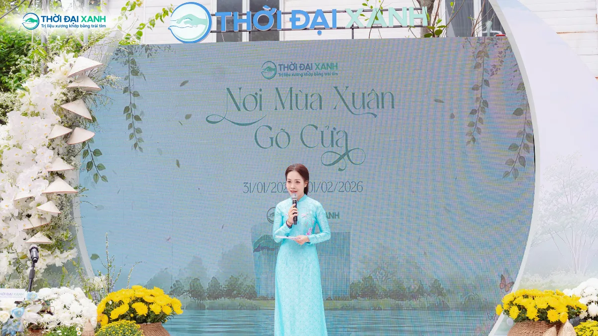 MC Hoàng Trang là người giữ vai trò dẫn dắt Lễ ra mắt Trung Tâm Xương Khớp Thời Đại Xanh