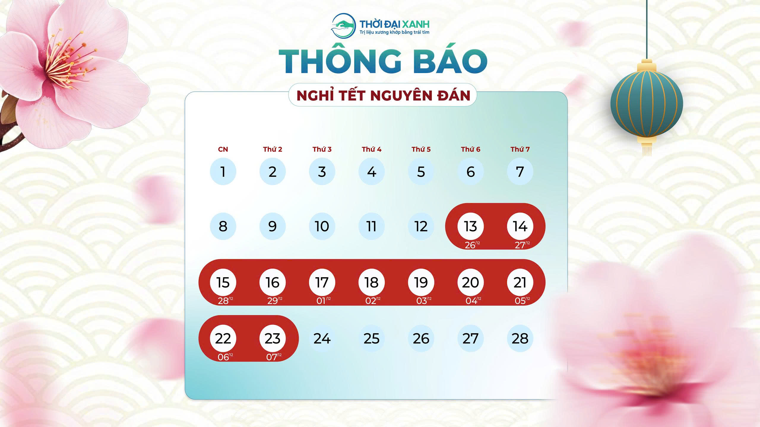 Thông báo lịch nghỉ Tết Nguyên Đán Thời Đại Xanh