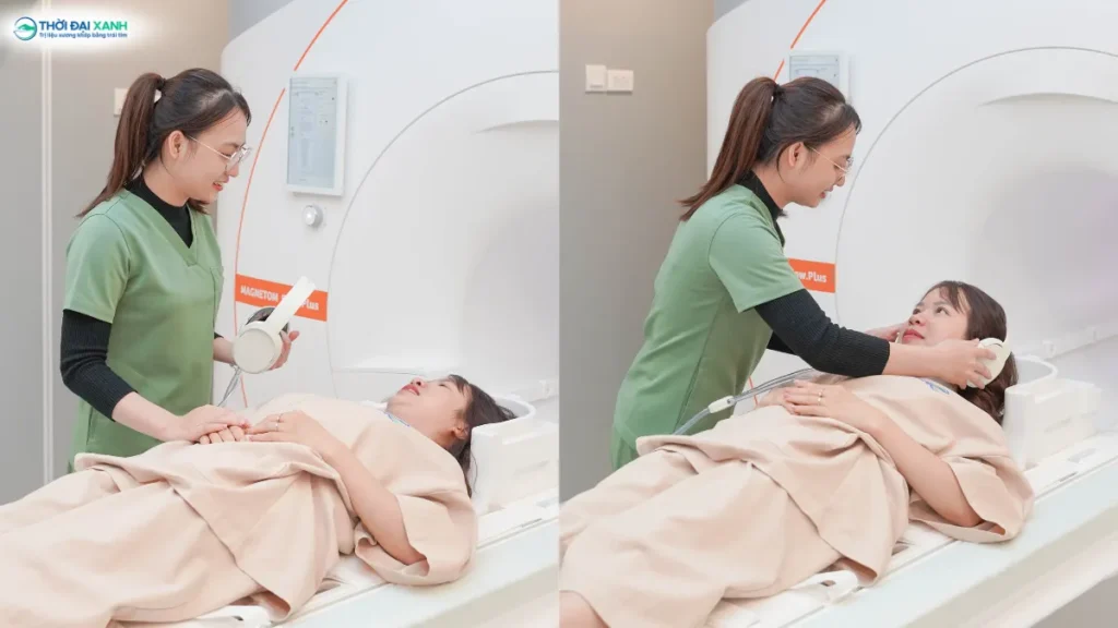 Kỹ thuật viên Thời Đại Xanh tận tâm chăm sóc, giúp người bệnh xóa tan lo lắng và cảm giác sợ không gian kín khi chụp MRI.