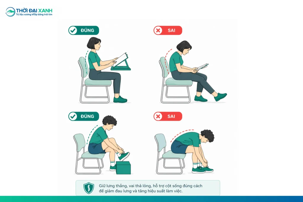 Tư thế ngồi đúng: Hai bàn chân đặt phẳng trên mặt sàn. Đầu gối và hông giữ vuông góc 90 độ với thân người. Lưng thẳng, tựa nhẹ vào lưng ghế (có thể chêm thêm gối mỏng ở thắt lưng để hỗ trợ). Mắt cách sách hoặc màn hình từ 25 - 30cm.