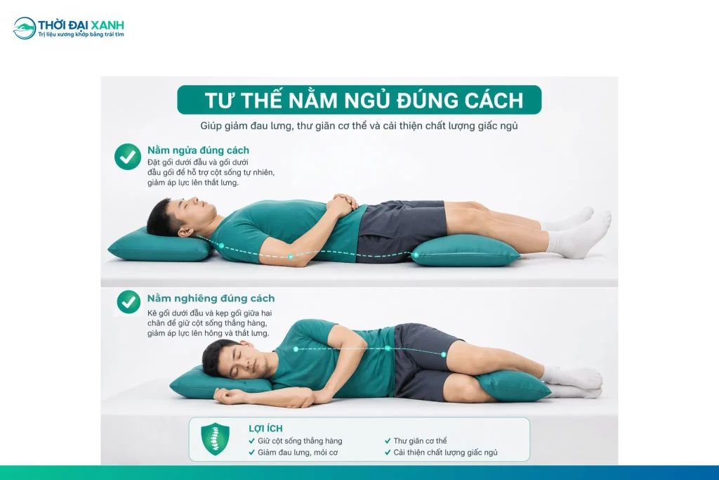 Nằm ngửa (Tốt nhất): Giữ thẳng trục đầu - cổ - thân - chân. Nên sử dụng gối mỏng hoặc không gối đầu quá cao, đồng thời đặt thêm một chiếc gối nhỏ dưới khoeo chân để giải tỏa áp lực cho thắt lưng. Tránh tuyệt đối tư thế nằm ngửa vẹo vặn, sai trục.