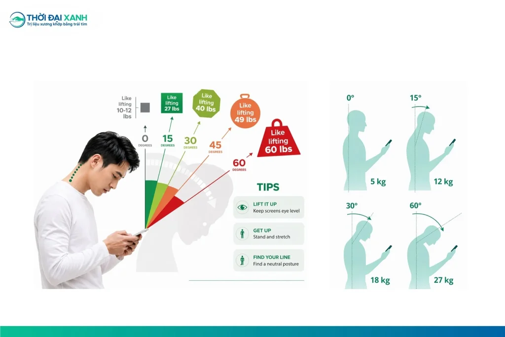 Khi đầu cúi xuống để nhìn màn hình điện thoại hoặc máy tính bảng, áp lực cơ học đè nặng lên cột sống cổ sẽ tăng lên theo từng góc độ.