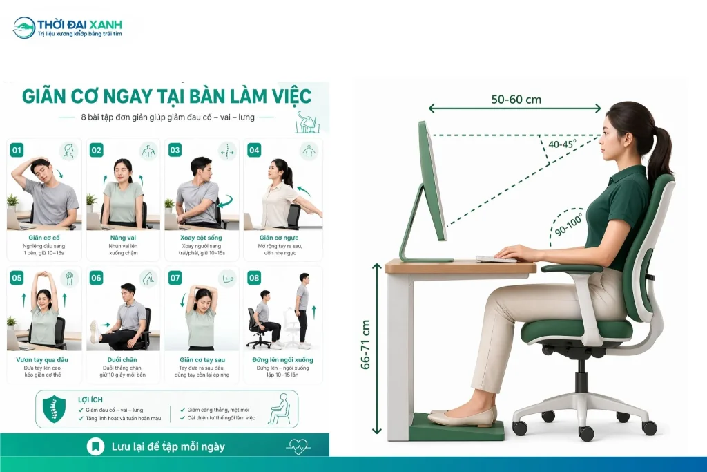 Các động tác giãn cơ và tư thế ngồi làm việc chuẩn công thái học giúp cải thiện hội chứng cổ rùa.