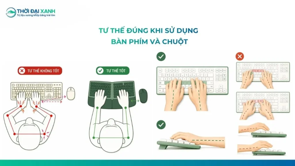 Giữ tư thế đúng khi sử dụng bàn phím và chuột là một trong những biện pháp phòng tránh hội chứng ống cổ tay.