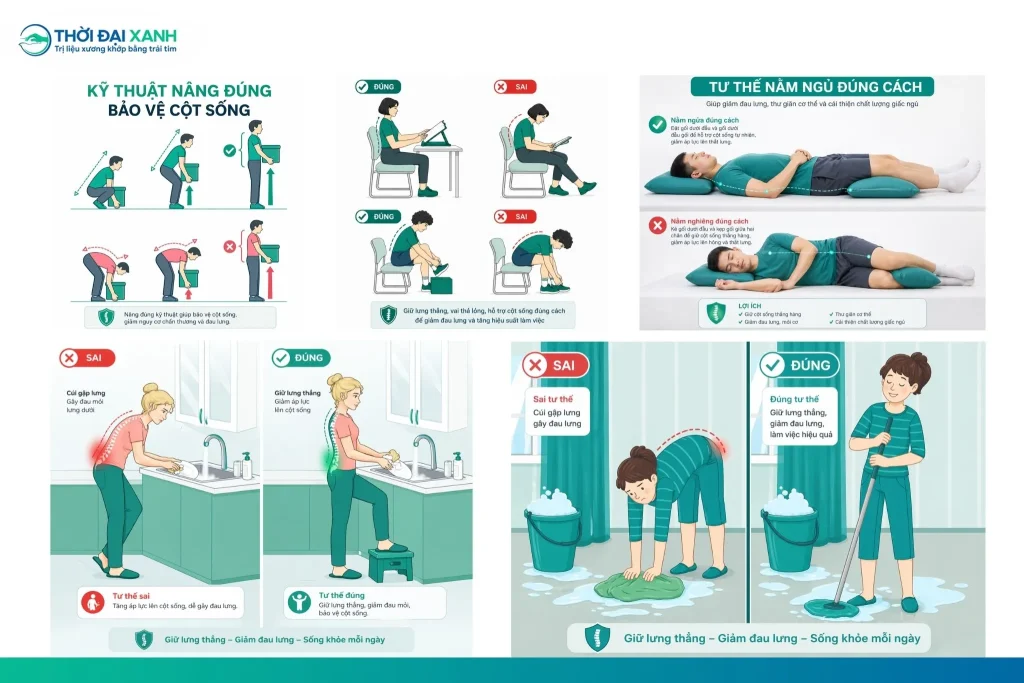Gợi ý tư thế đúng trong sinh hoạt và làm việc để phòng ngừa thoát vị đĩa đệm.