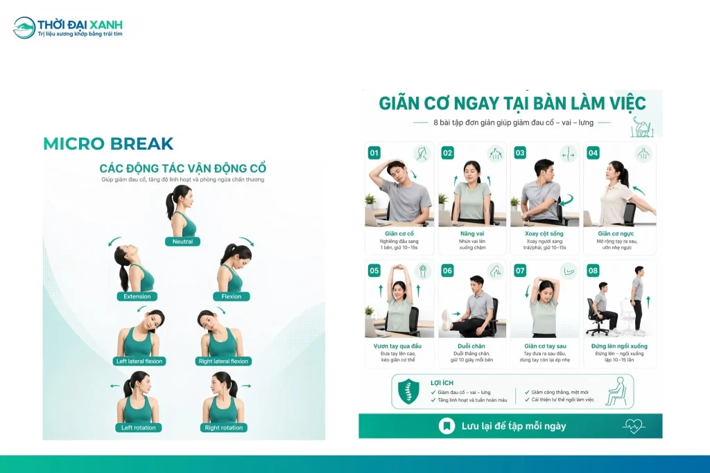 Các động tác vận động cổ và giãn cơ ngay tại chỗ giúp giảm đau hiệu quả.
