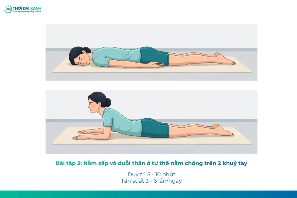 Phương pháp McKenzie - Hình 2. Bài tập nằm sấp và duỗi thân ở tư thế nằm chống trên 2 khuỷu tay 