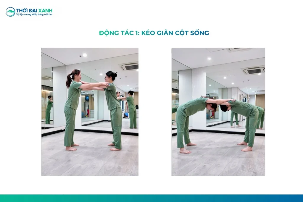 Động tác 1: Kéo giãn cột sống