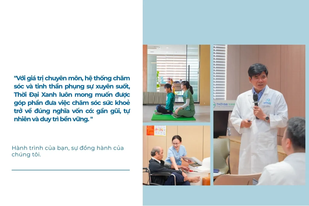 Với giá trị chuyên môn, hệ thống chăm sóc và tinh thần phụng sự xuyên suốt, Thời Đại Xanh mong muốn góp phần đưa việc chăm sóc sức khoẻ trở về đúng nghĩa vốn có: gần gũi, tự nhiên và duy trì bền vững.