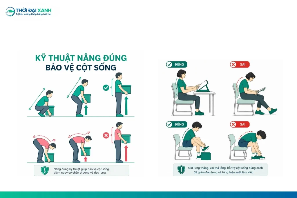 Tránh cúi gập lưng đột ngột. Khi nâng vật, luôn giữ lưng thẳng, gập gối và dùng lực từ cơ đùi để phòng ngừa tình trạng trượt đốt sống.