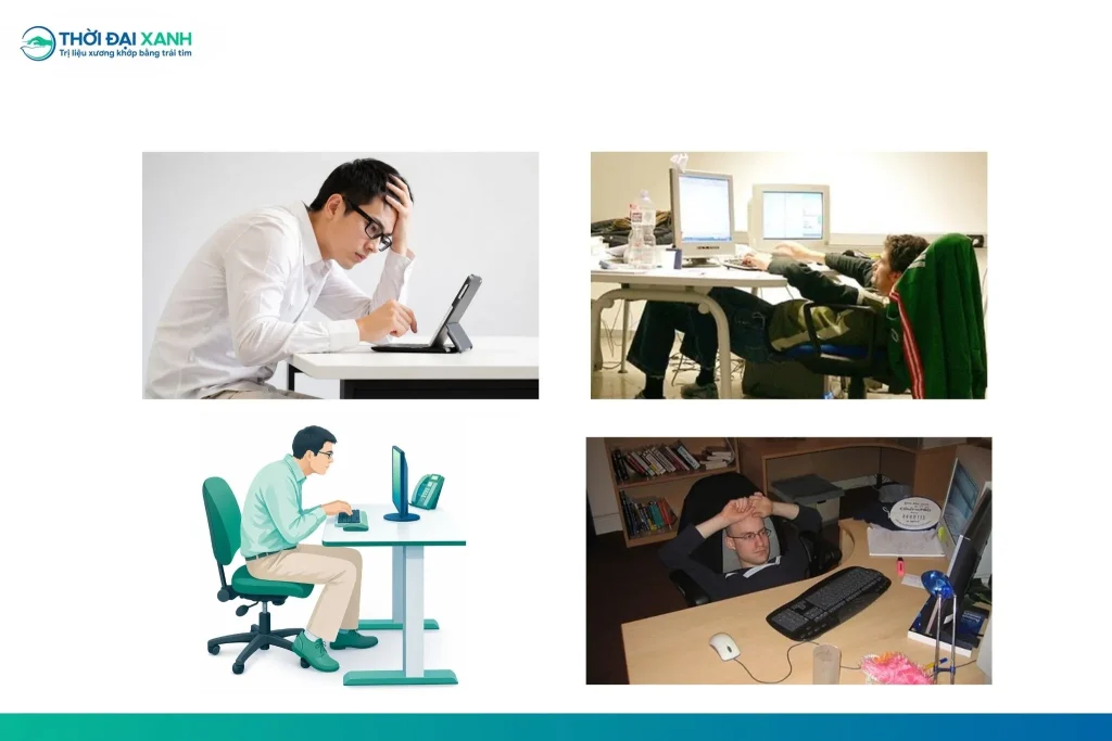 Tư thế ngồi làm việc gù lưng, cúi đầu dùng điện thoại liên tục, kê gối ngủ quá cao, mang vác nặng lệch bên… là những nguyên nhân phổ biến gây đau mỏi cổ vai gáy.