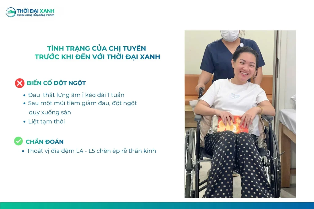 Thoát vị đĩa đệm cấp tính khiến chị Tuyên đột ngột mất khả năng tự đi lại và phải chuyển cấp cứu đến Thời Đại Xanh.